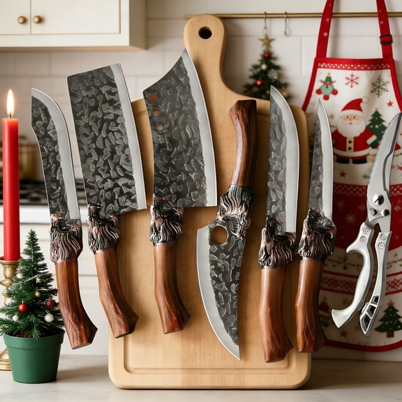 7Pcs Professional Stainless Steel Kitchen Knife Set, Ultra Sharp Forged Knives with Scissors, Includes Boning, Slicing, Carving, Butcher Knife for Meat & Fish