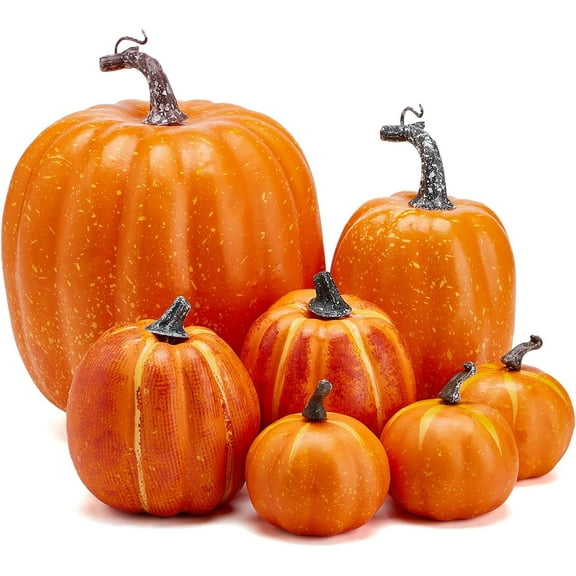 7Pcs Pumpkins of all Styles Halloween Decoration Rural Style Farmhouse Foam Pumpkin Harvest Season Thanksgiving Day is Suitable for Table top House Dining Table Party Decoration 