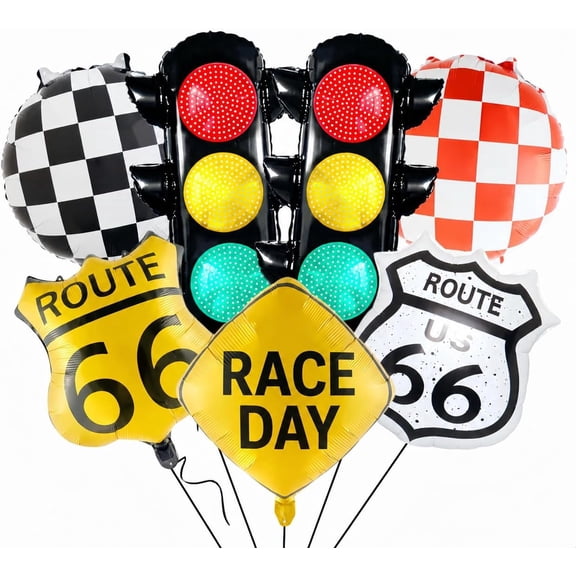7Pcs Race Car Party Balloon Set, Racing Theme Foil Balloons with Traffic Light, Pit Stop Sign, Route Design and Checkered Flag Decorations for Boys Birthday Party, Racing Fan Celebration