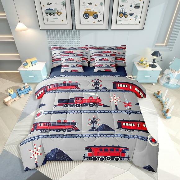 7Pcs Red Train Bedding Set Full Size Cartoon Car Comforter, Vintage Style Steam Engine Bedding Comforter Sets(1 Comforter, 1 Flat Sheet 1 Fitted Sheet 2 Pillowcases 2 Throw Pillow Covers)