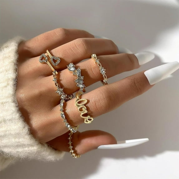 7Pcs Rhinestone Cuff Rings Set Golden Alloy Stackable Rings Word Inner Diameter 18mm Gold DIY