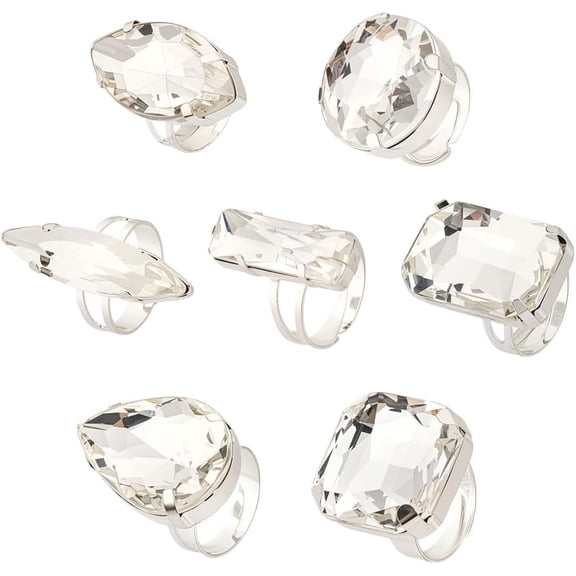 7Pcs Rhinestone Finger Rings Knuckle Rings Set Geometric Platinum Stackable Large Sparkling Rhinestone Ring Circle Drop-shaped Square Oval Jewelry Set for Women Gifts