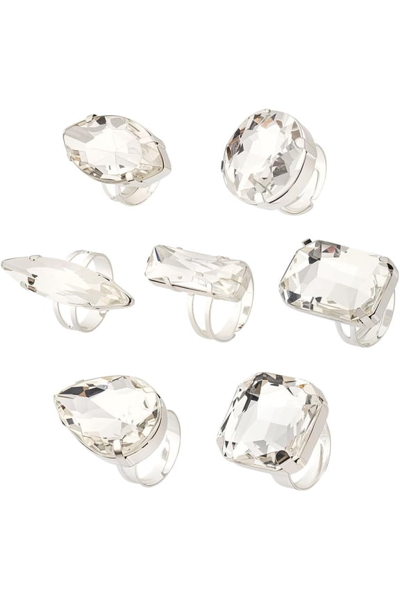 7Pcs Rhinestone Finger Rings Knuckle Rings Set Geometric Platinum Stackable Large Sparkling Rhinestone Ring Circle Drop-shaped Square Oval Jewelry Set for Women Gifts