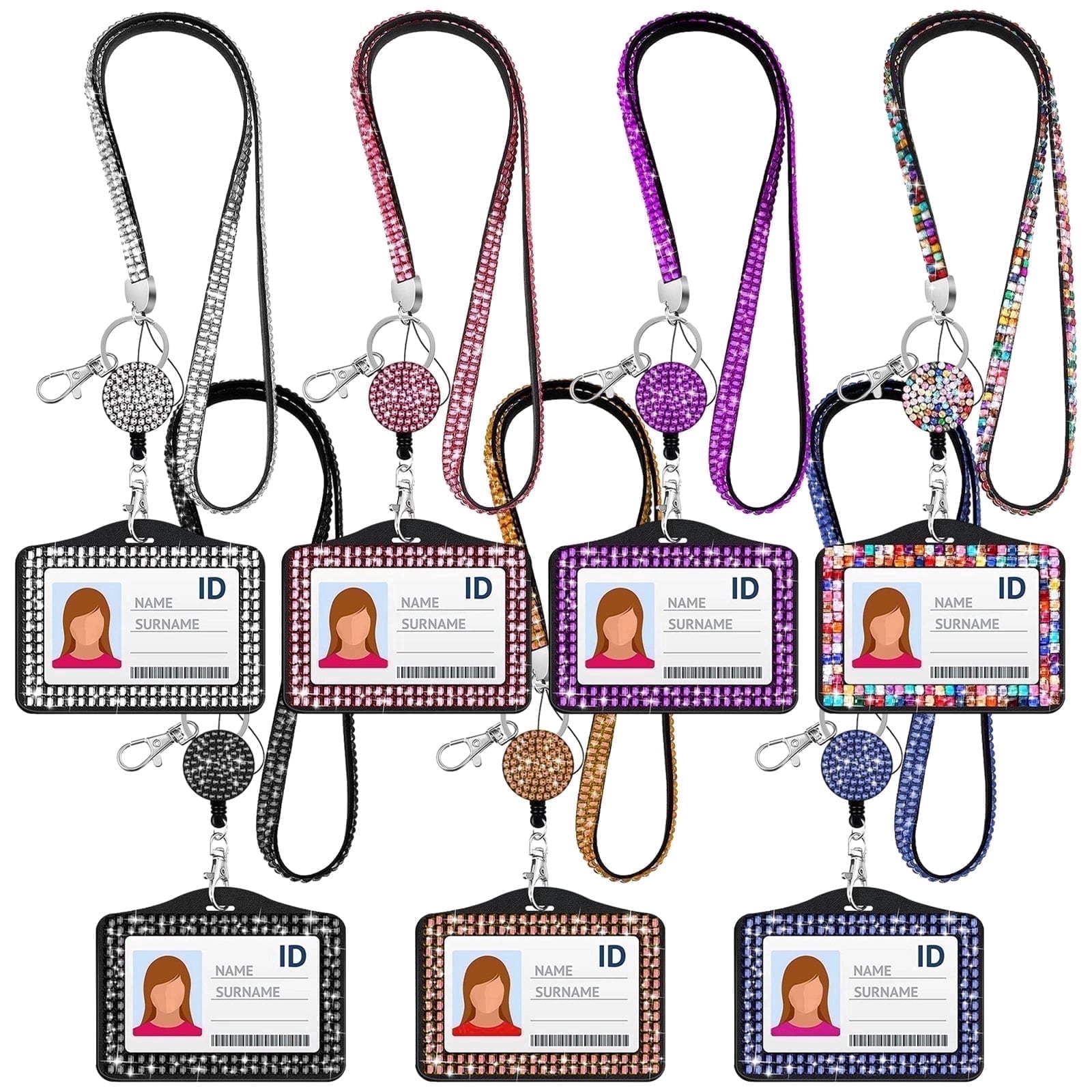 7-Color Rhinestone Lanyard Card Holder Set – Sparkling ID Badge Holder with Retractable Reel & Quick-Release Clip, Crystal-Decorated Horizontal Badge Holder for Students, Office & Nurses, Bling Work