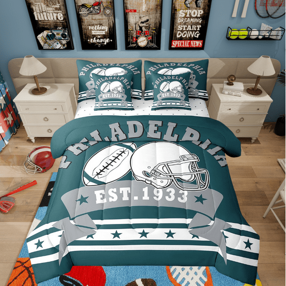7Pcs Rugby Football Team Comforter Set Sports Bedding, American Football Cool Sports Comforter Twin Size Football City Bed Set With 2 Pillowcases & 2 Throw Pillow Covers (Philadelphia)
