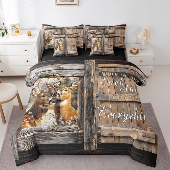 7Pcs Rustic Deer Comforter Set King Hunting Deer Bedding,Wild Animal Bed Set Wildlife Woodland Animal Theme Comforter + Flat Sheet + Fitted Sheet + 2 Pillowcases + 2 Throw Pillow Covers