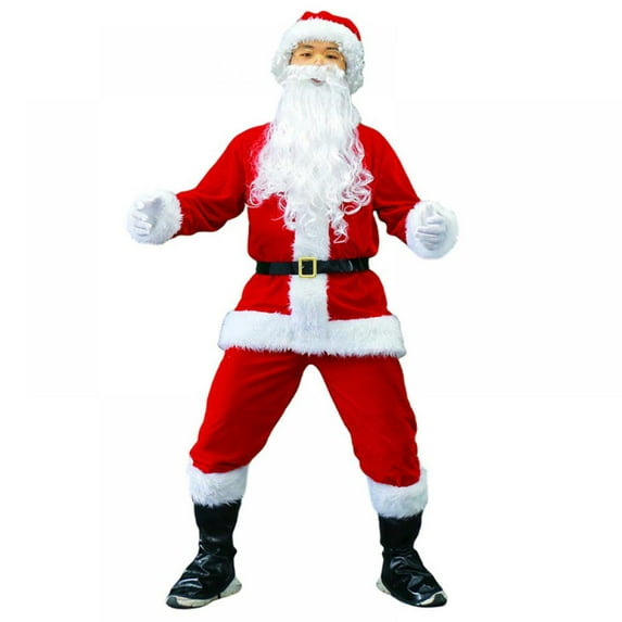 7Pcs Santa Claus Suit Cosplay Costume Set Adults Men Red Deluxe Classic Velvet Santa Claus Outfits for Christmas Party Cosplay