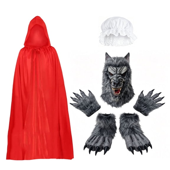7Pcs Scary Wolf Mask with Gloves &Feet & Hat and Red Cape,Realistic Big Bad Wolf Couples Costume