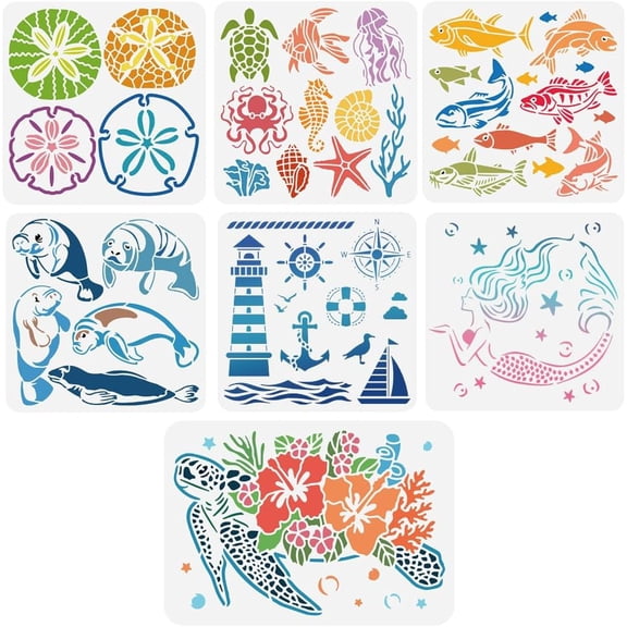 7Pcs Sea Creatures Painting Stencil Turtle Octopus Lighthouse Ocean Theme Plastic Reusable Drawing Templates for Scrapbooking Fabric Floor Furniture Wall Art Decor