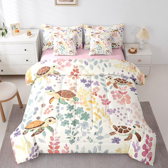 7Pcs Sea Turtle Flower King Bedding Set with Sheets,Sea Animal Ocean Life Comforter Set,Multicolor Floral Bed in a Bag with Fitted Sheet,Flat Sheet,Pillowcases