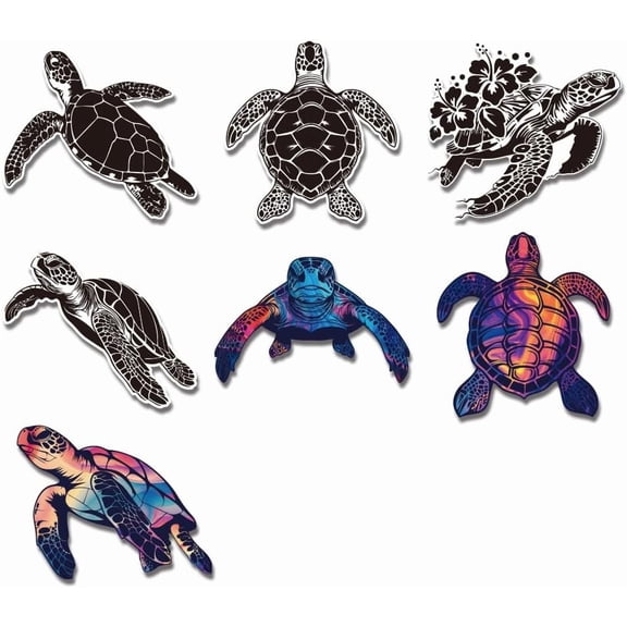 7Pcs Sea Turtle Tie Dye Reflective Vinyl Car Decal Stickers Animal Turtle Outdoors Sticker Waterproof Car Window Silhouette Decals for Bumper Windows Cars Trucks Tool Boxes Laptop Water Bottle White