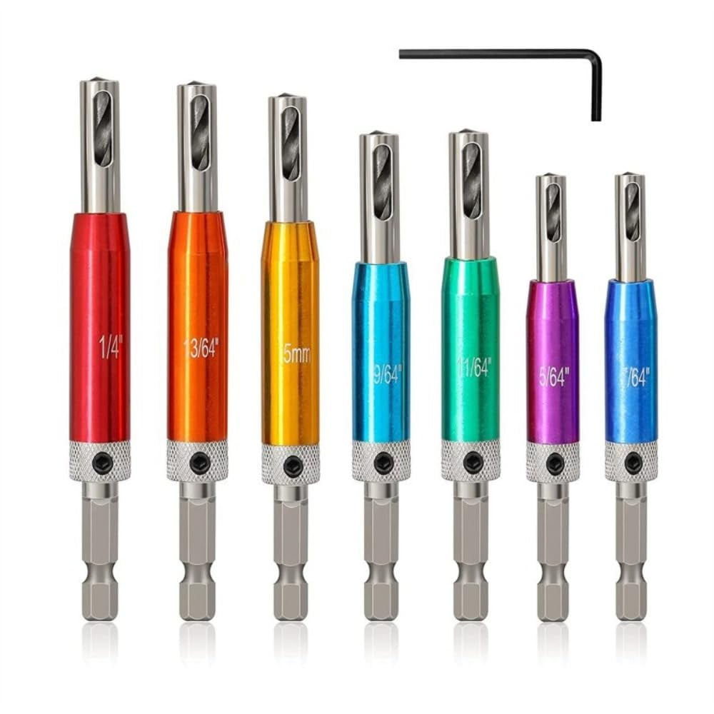7Pcs Self Centering Drill Bit Set, Center Drill Bit Set With Hex Wrench, 2 Side Holes, Automatic Positioning Center Drill Sleeve, Woodworking Drill Bit Kit Set