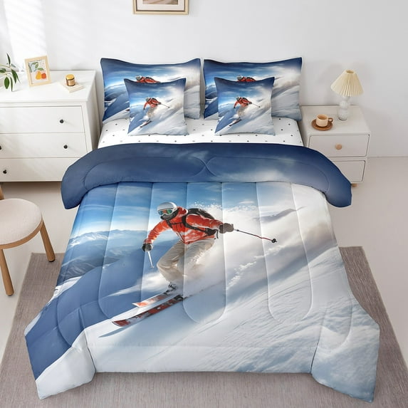 7Pcs Ski Bedding Cool Skiing Comforter Set Twin, Skier Sports Fans Bed In A Bag (Comforter+Fitted+Flat Sheet+2 Pillowcases+2 Throw Pillow Covers) 7 Pieces Bed Set