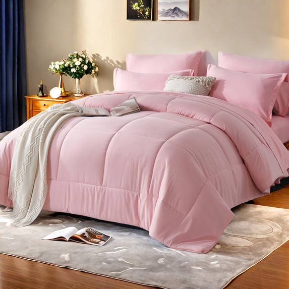 7Pcs Solid Color Comforter Collections - Stain‑Proof, Soft Microfiber, Lightweight - Bed in A Bag Queen Size for All Seasons Featuring 100% Microfiber Cover And 100% Polyester Filling