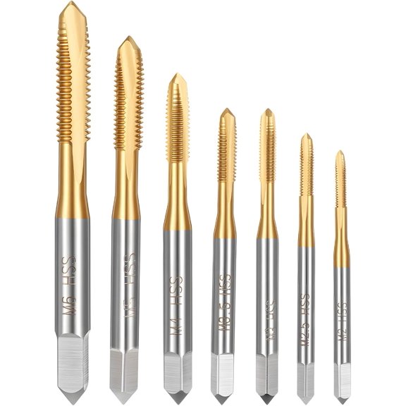 7Pcs Spiral Point Tap Set Titanium Coated Spiral Drill Bit Set M2 M2.5 M3 M3.5 M4 M5 M6 Metric Thread Screw Tapping Bits High Speed Steel Machine Threading Repair Tool for Metalworking