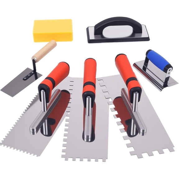 7Pcs Square Notched Tile Trowel Set,Stainless Steel Tile Tools (Notch Size: 5/32" & 5/16" & 1/2"),Includes Rubber Grout Float,Grout Sponge,Margin Trowel,Edger,Idea for Tiling Installation Grouting