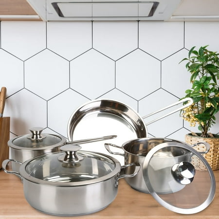 7Pcs Stainless Steel Cookware Set, Pots and Pans Kitchen Cooking Set with Rivets Handles, Heat Induction Pot Pans Set, Oven Dishwasher Safe, Silver