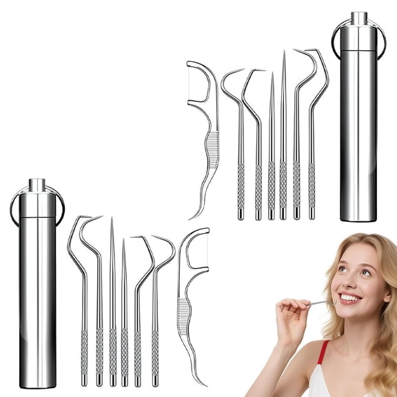 7Pcs Stainless Steel Toothpicks Set , Portable Reusable Metal Toothpick Kit for Travel Camping Picnic, Oral Cleaning & Tartar Remover Tool(RL 2 PCS)