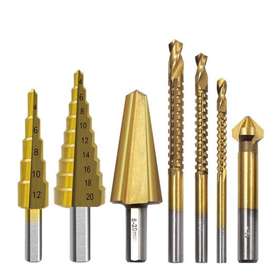 7Pcs Step Drill Bit 4-12mm 4-20mm Titanium Coated Drill Bit For Wood Hole Cutter Straight Groove Punching Power Tool Accessories