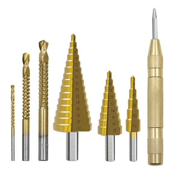 7Pcs Step Drill Groove Saw Drill Set,Groove Saw Drill,Step Up Drill Bits,Spiral Cone Stepped Down Bits for Impact Drill
