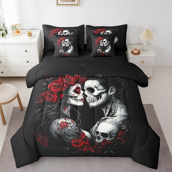 7Pcs Sugar Skull King Comforter Set,Gothic Skeleton Floral Bedding Sets,Romantic Death Love Bed In A Bag,Spooky Rose Valentine'S Day Quilt with Flat Fitted Sheet for Couple Women Men