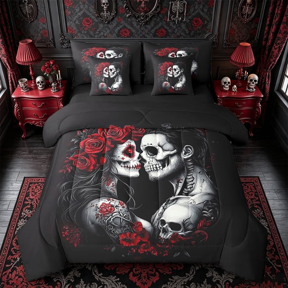 Erosebridal 7Pcs Sugar Skull Queen Comforter Set,Gothic Skeleton Floral Bedding Sets,Romantic Death Love Bed In A Bag,Spooky Rose Valentine'S Day Quilt with Flat Fitted Sheet for Couple Women Men