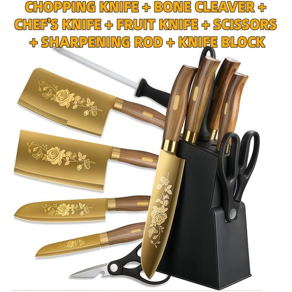 7Pcs Titanium-Coated Kitchen Knife Set with Chef Knife, Cleaver, Fruit Knife, Sharpener, Scissors & Block, Essential for Home & Restaurant Use