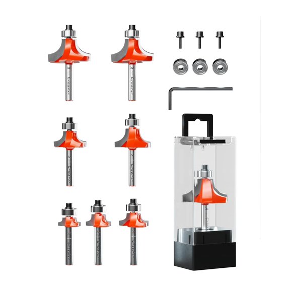 7Pcs Top Bearing Roundover Router Bit,1/4 Shank,Carbide Inserts, 2 Flutes Corner Rounding Router Bit, Over Edge Forming Router bit, with Bearing Guide CNC Woodworking Tool