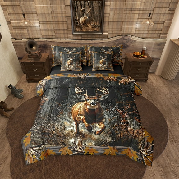 Erosebridal 7Pcs Tree Camouflage Deer Bedding Queen - 7 Piece Branches Rustic Deer Camo Bedding Comforter Set With Sheets - Deer Hunting Bedding Comforter Sets With Pillowcases & Throw Pillow Covers
