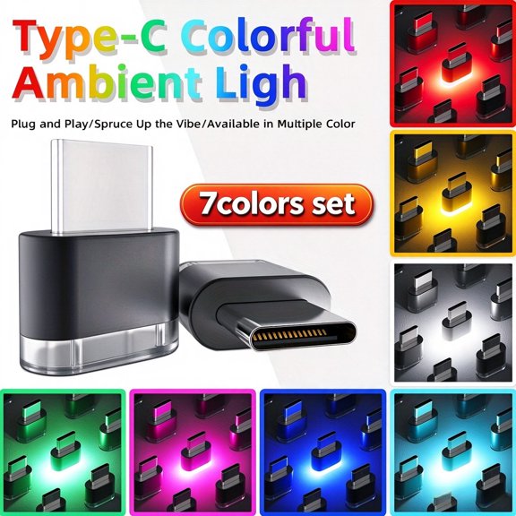 7Pcs Type-C Mini Ambient Light Set, 7 Different Colors Plug and Play LED Accent Night Light, Portable Decor Lamp for Car Interior Desktop Gaming Room Party