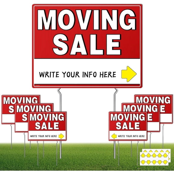7Pcs WEATHER-PROOF Moving Sale Signs, 17" x 13", Double-Sided with Arrow Stickers & Metal Stakes
