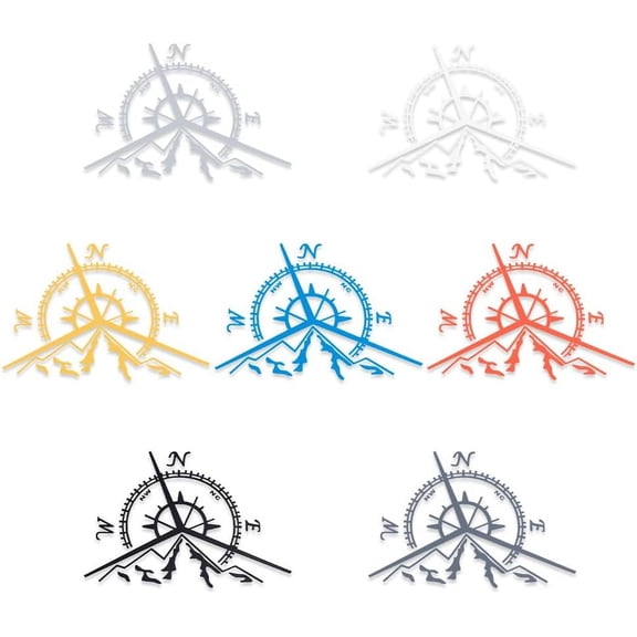 7Pcs Waterproof Car Stickers Mountain Compass Design Multicolor Glossy Modern Contemporary Style PET Material Reusable Window Car Door Wall Decals for DIY