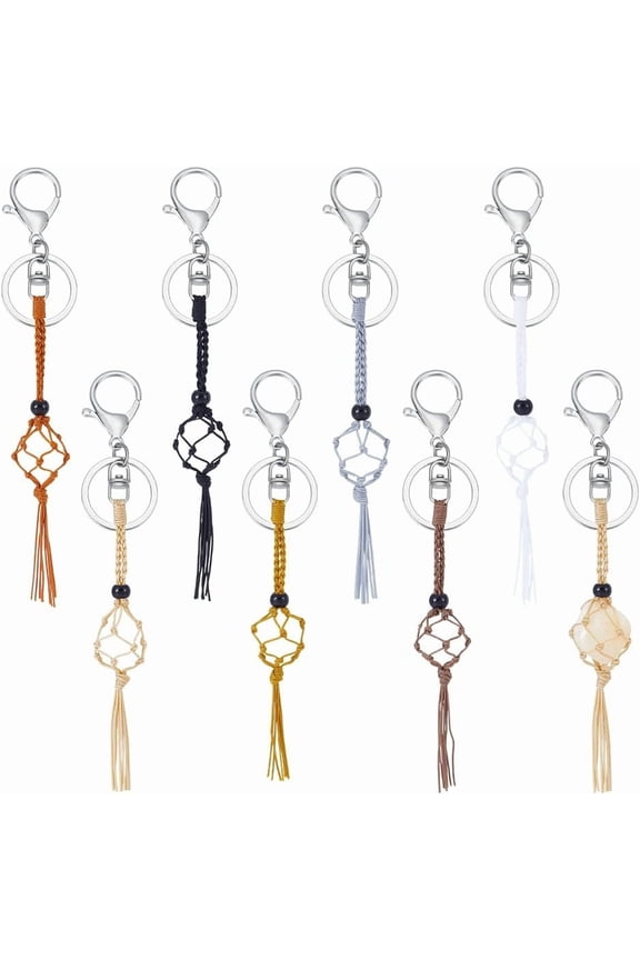 7Pcs Waxed Cotton Thread Macrame Pouch Keychain with Alloy Lobster Claw Clasp and Iron Rings Mixed Color 190mm 7pcs/set Craft Supplies