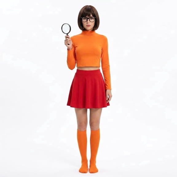 7Pcs Women's Mystery Detective Costume Set, Retro Nerd Cosplay Outfit with Orange Turtleneck Top, Skater Skirt & Brown Bob Wig