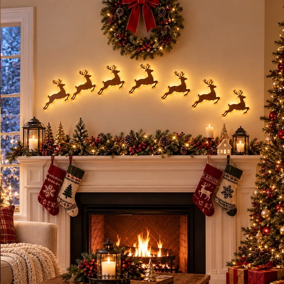 7Pcs Wooden Reindeer Wall Lamp Decor, 5" Warm Glow Christmas Reindeer Wall Hanging Night Light, Festive Wall Art Ornament for Bedroom, Living Room, Mantel, Christmas Decorations Indoor