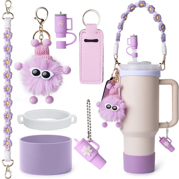 7PcsPurple Stanley Tumbler Accessories Set, Hand‑Woven Flower Cup Strap, Silicone Boot, Straw Cover, Plush Keychain, Handle Ring, Decor Chain & Lip‑Print Pouch for 40oz Tumbler Cup Personalized Decor