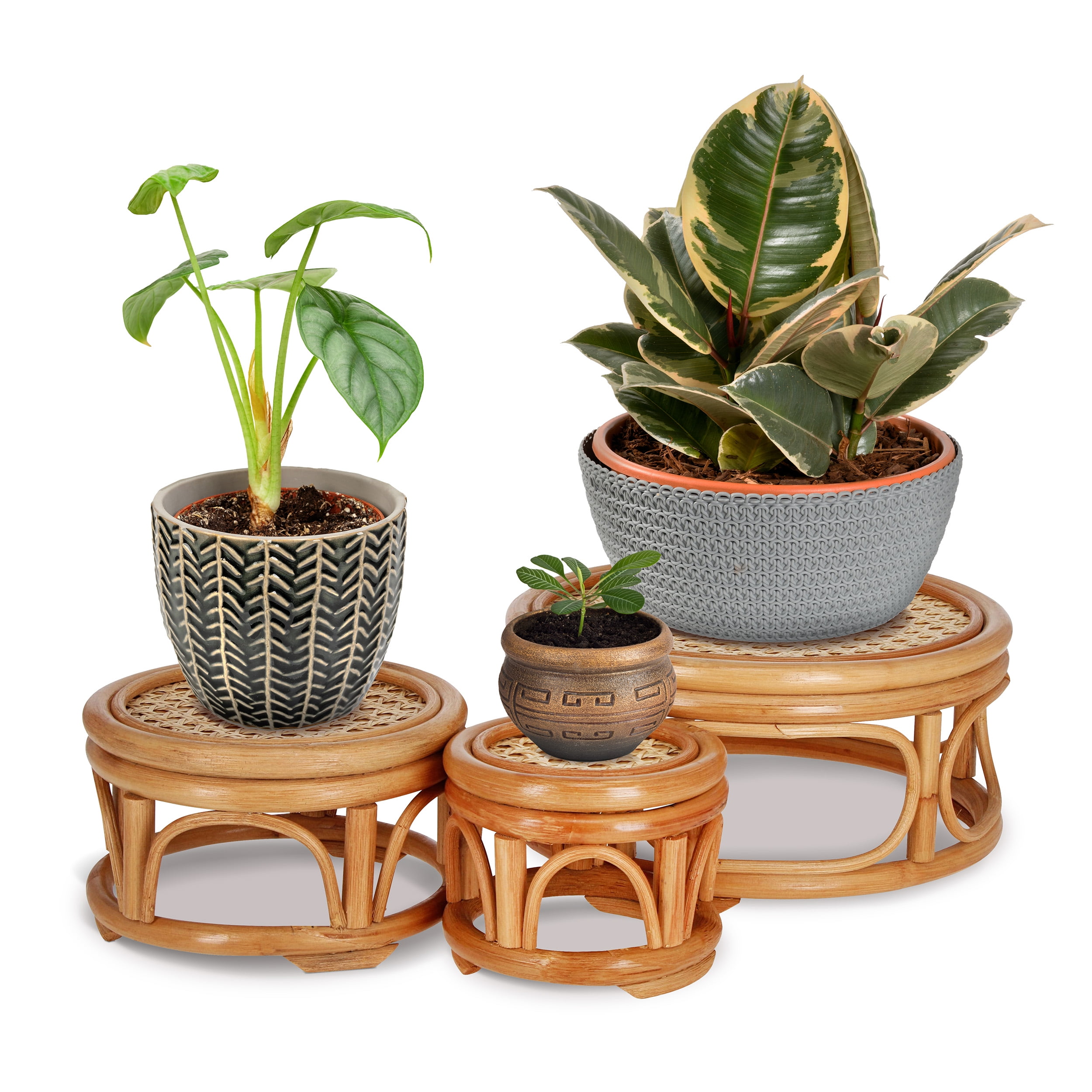 Multilevel Natural Wicker and Rattan Plant Stand Set