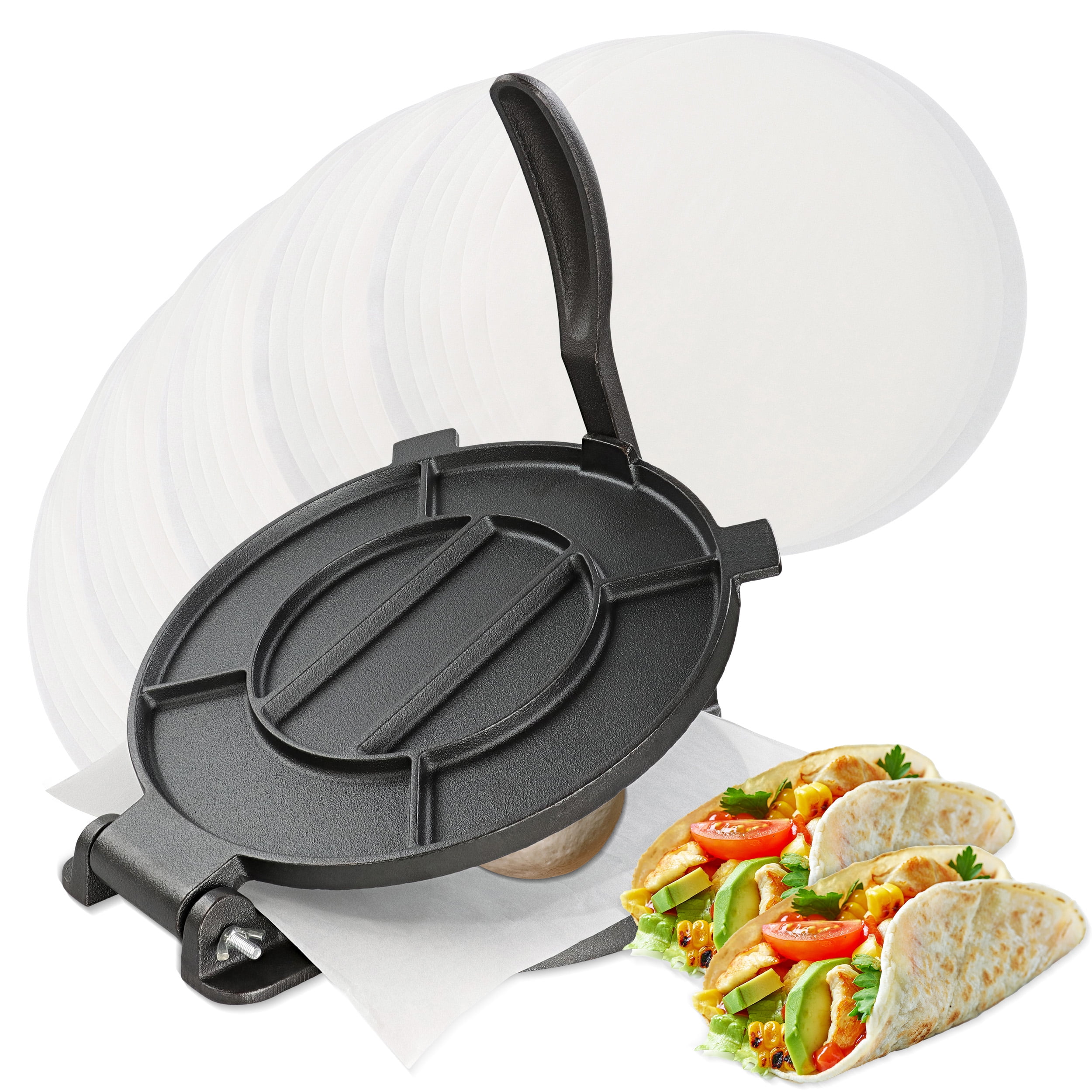 10 Inches Cast Iron Tortilla Press with FREE 100 Pieces Oil Paper - StarBlue