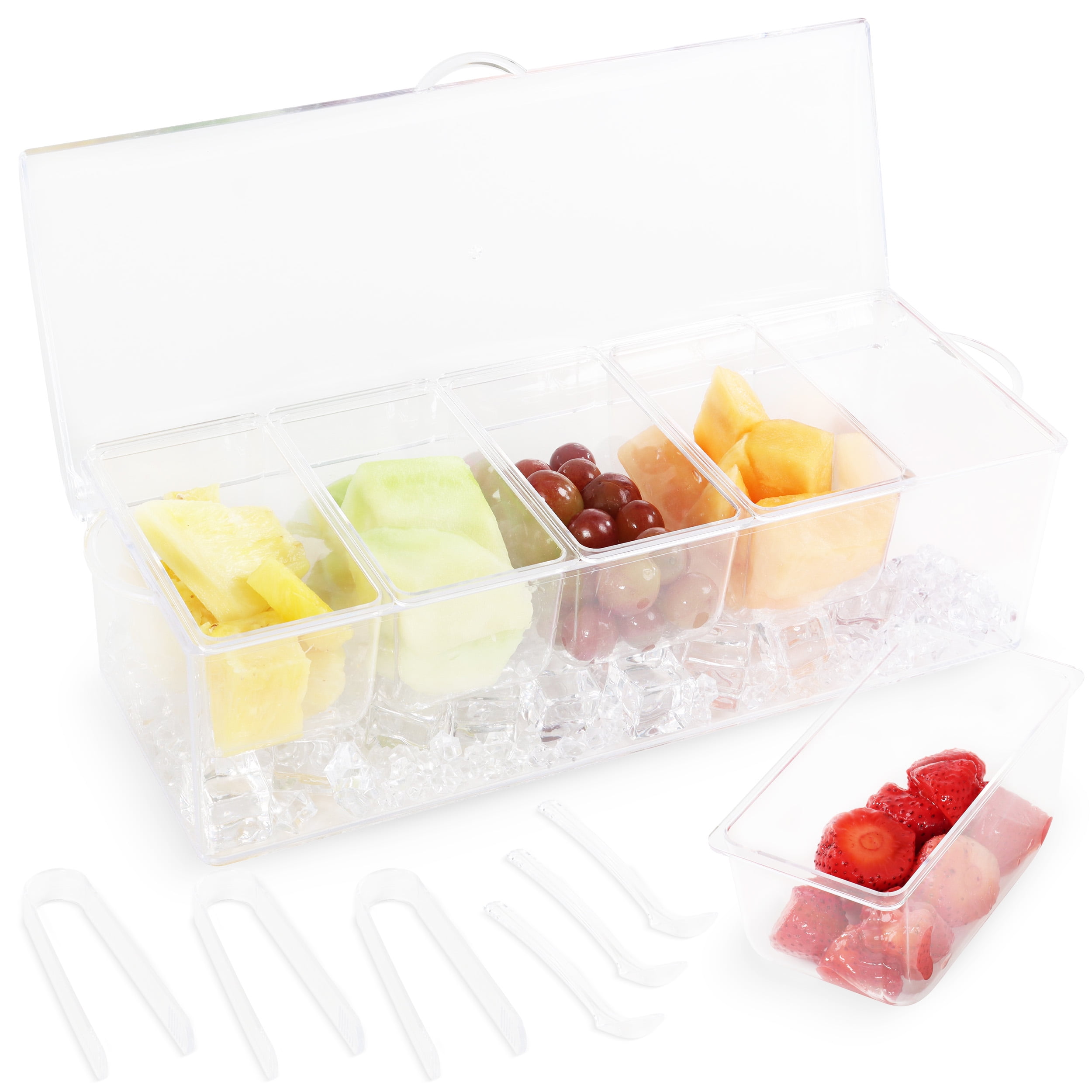 Clear Acrylic 5-Compartment Condiment Tray with Lid and Tongs