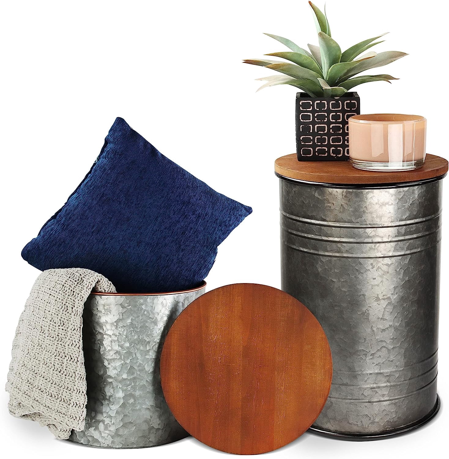 7Penn Farmhouse Side Table Storage Ottoman Set - 2pk Galvanized Metal ...