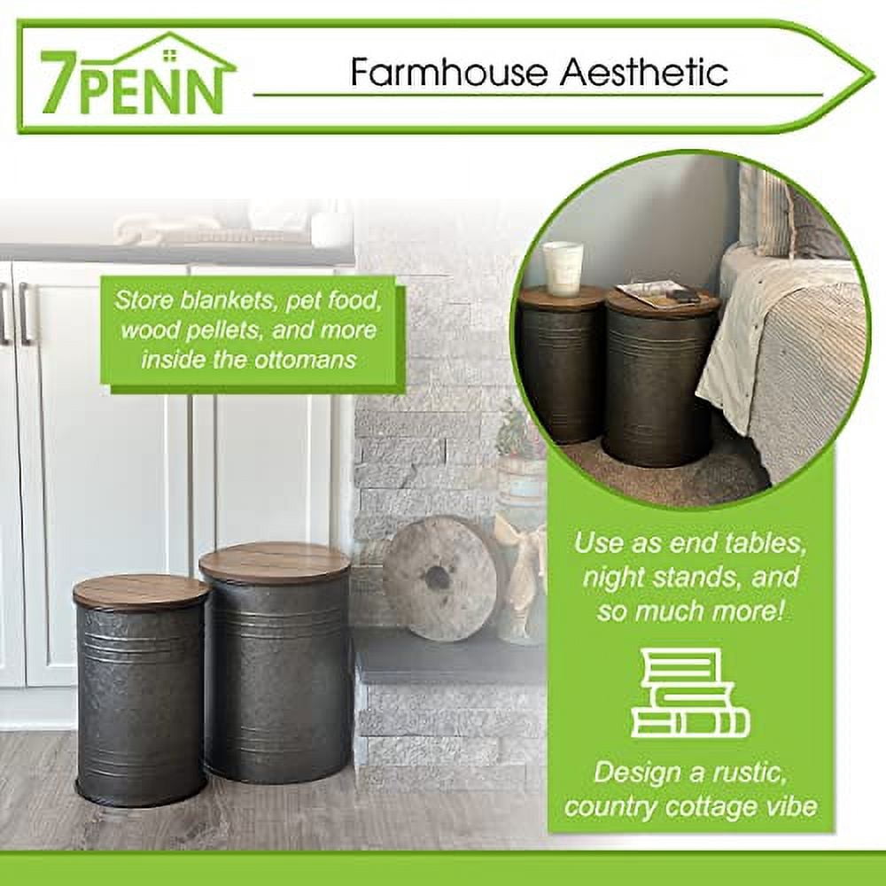 7Penn Farmhouse Side Table Storage Ottoman Set - 2pk Galvanized Metal ...