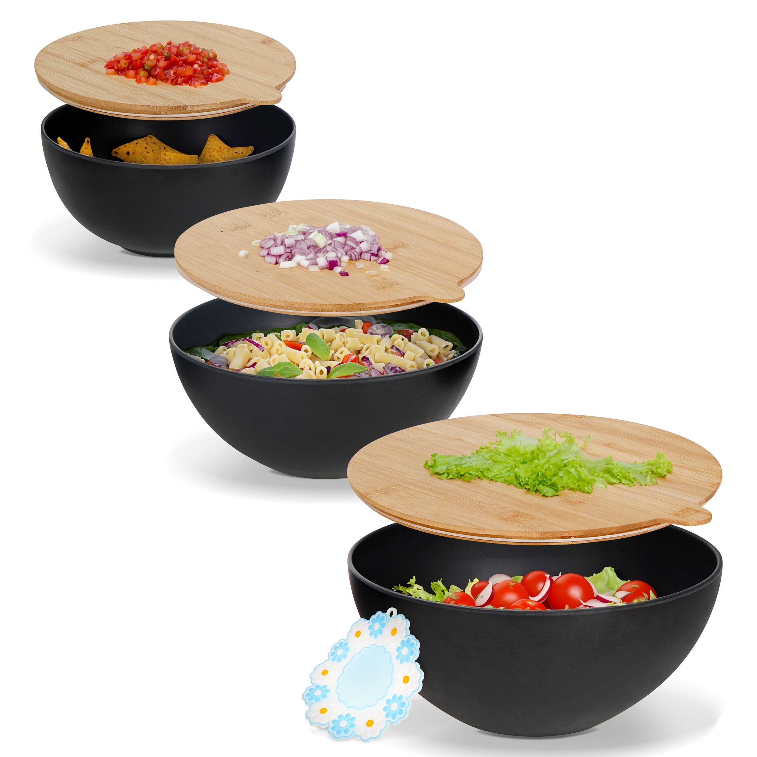 Black Bamboo Fiber Mixing Bowl Set with Airtight Wood Lids
