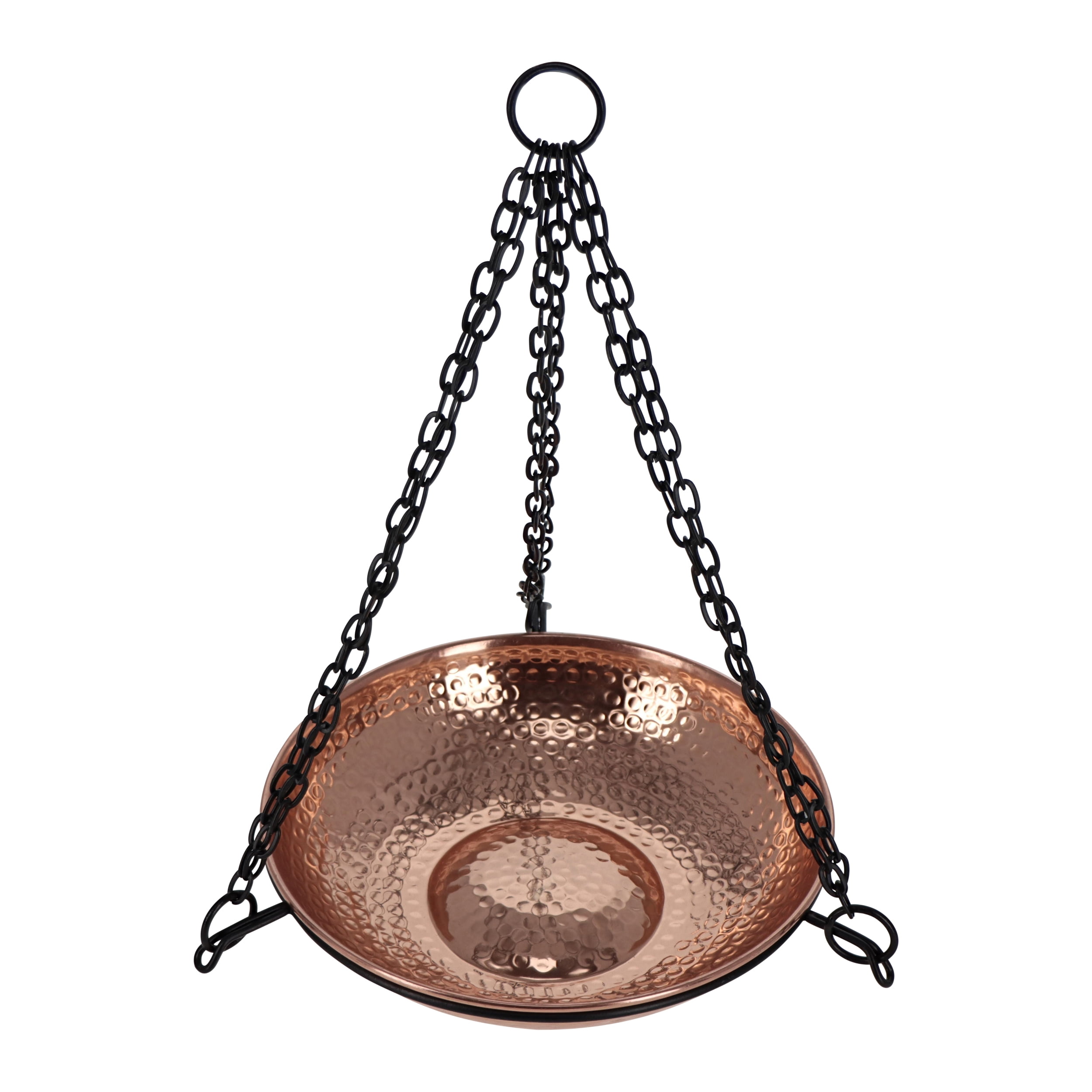 Hammered Copper Hanging Bird Bath with Black Chain