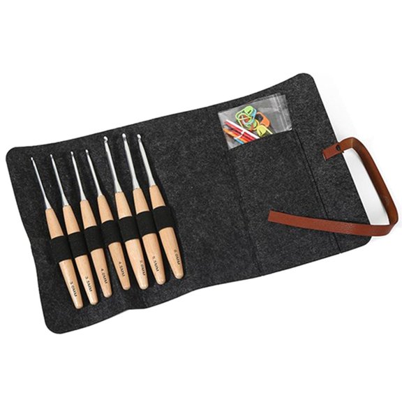 7PCS Wooden Handle Crochet Hook with Big Eye Needle Stitching Marker, Storage Bag for Crochet Craft Hand Stitching