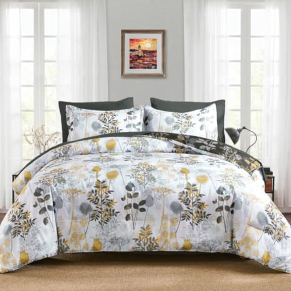 7Pieces King Size Comforter Set Grey Botanical Bed in a Bag Complete Set with Sheet Pillowcase for Bedroom All Season