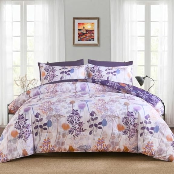 7Pieces King Size Comforter Set Purple Botanical Bed in a Bag Complete Set with Sheet Pillowcase for Bedroom All Season