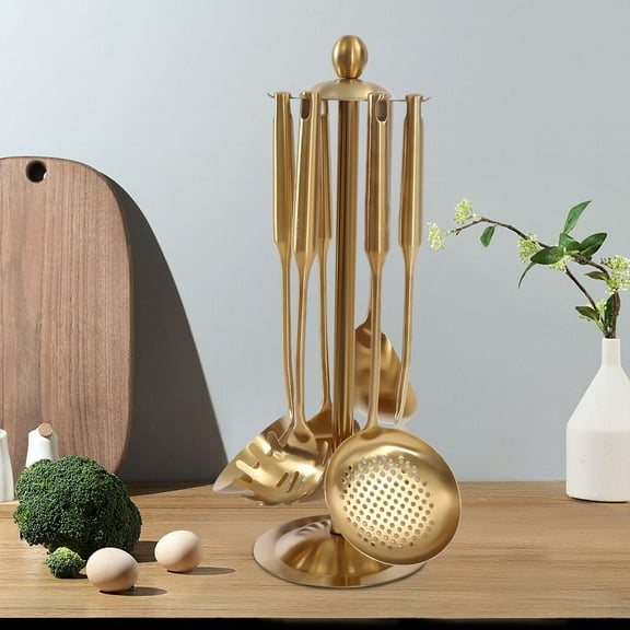 7Pieces Kitchen Cooking Utensil Set Storage Stand Stainless Steel Gold