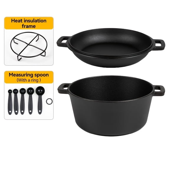 7QT 2-in-1 Cast Iron Cookware Set, 5.1QT Dutch Oven & 1.9QT Skillet, Dual‑Use Pot, Induction/Oven/Campfire Safe, for Sourdough Bread, Frying, Baking, BBQ & Camping