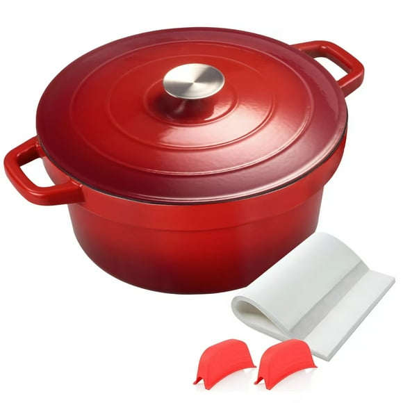 6QT Enameled Cast Iron Dutch Oven Pot with lid, Free Silicone Gloves and 50 Pcs Baking Paper Liner, Heavy-Duty & Non-stick Enamel Coated Cookware for Cooking, Bread Baking, Roasting, Red