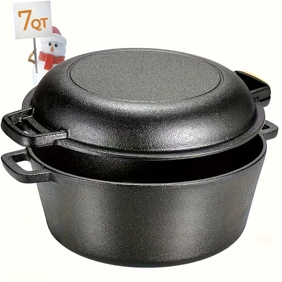7QT Hand-Built 2-In-1 Cast Iron Cookware Set, 5.1QT Dutch Oven & 1.9QT Skillet, Dual-Purpose Holiday Cooking Kit for Stove, Induction, Oven, Campfire, with 2 Handles, Outdoor BBQ